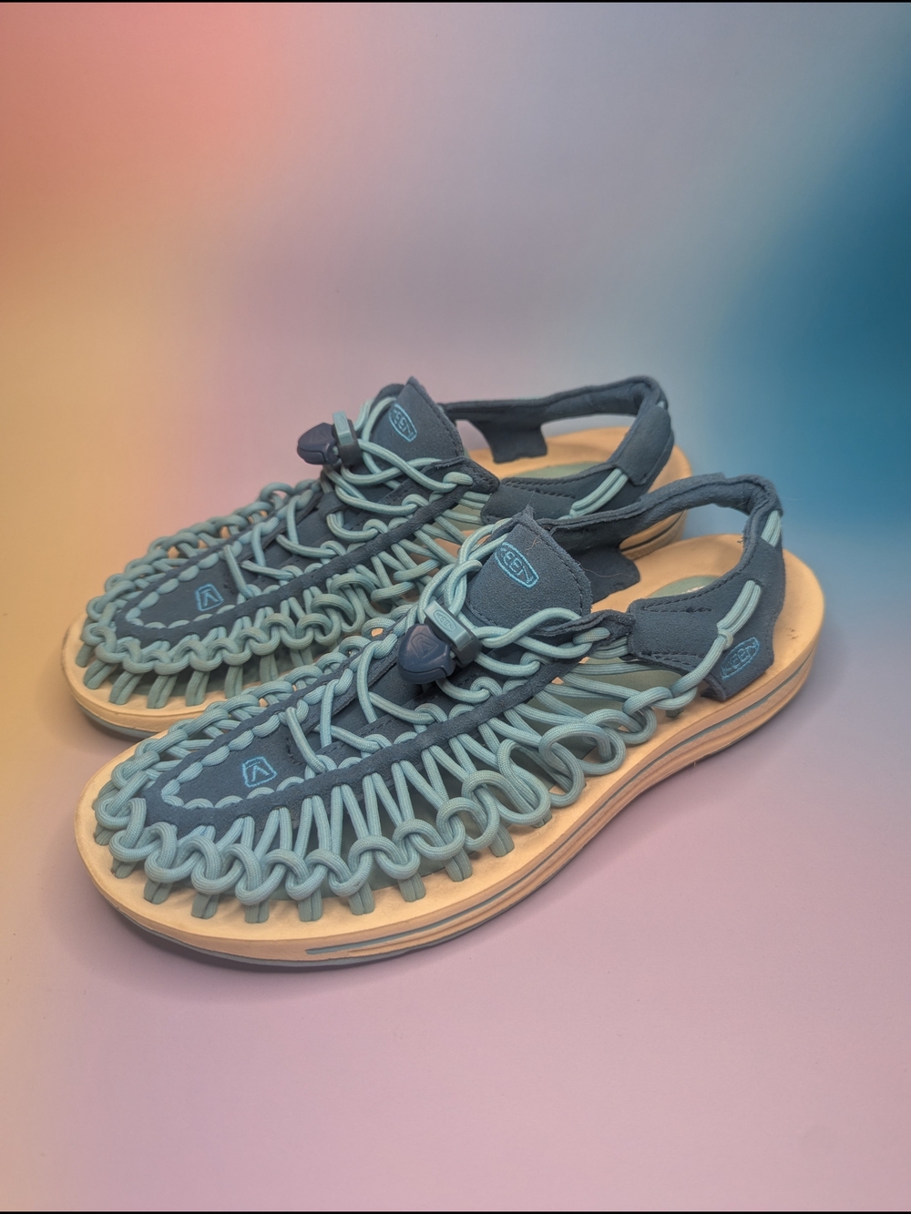 Keen Uneek Two-Tone Teal and Light Teal Woven Sandals